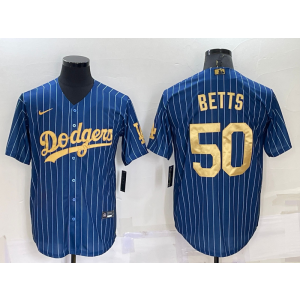 MLB Dodgers 50 Mookie Betts Navy Gold Nike Cool Base Men Jersey