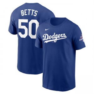 MLB Dodgers 50 Mookie Betts Royal 2024 World Series Champions Name & Number T-Shirt