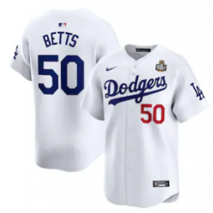 MLB Dodgers 50 Mookie Betts White 2024 World Series Nike Cool Base Men Jersey