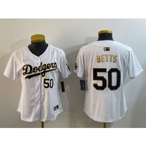 MLB Dodgers 50 Mookie Betts White Gold Nike Cool Base Women Jersey