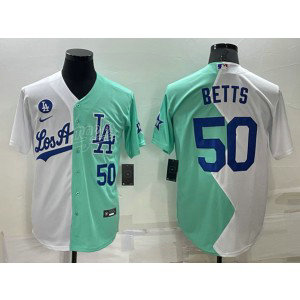 MLB Dodgers 50 Mookie Betts White Green Cool Base Split Men Jersey