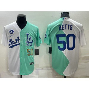 MLB Dodgers 50 Mookie Betts White Green Gold Cool Base Split Men Jersey