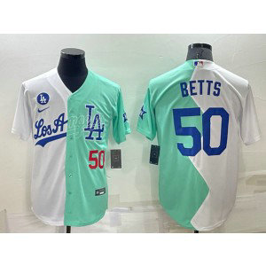 MLB Dodgers 50 Mookie Betts White Green Nike Cool Base Split Men Jersey