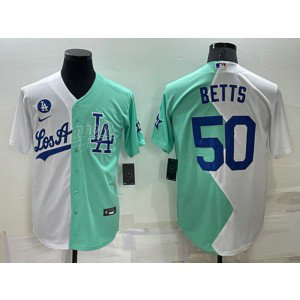 MLB Dodgers 50 Mookie Betts White Green Split Nike Cool Base Men Jersey