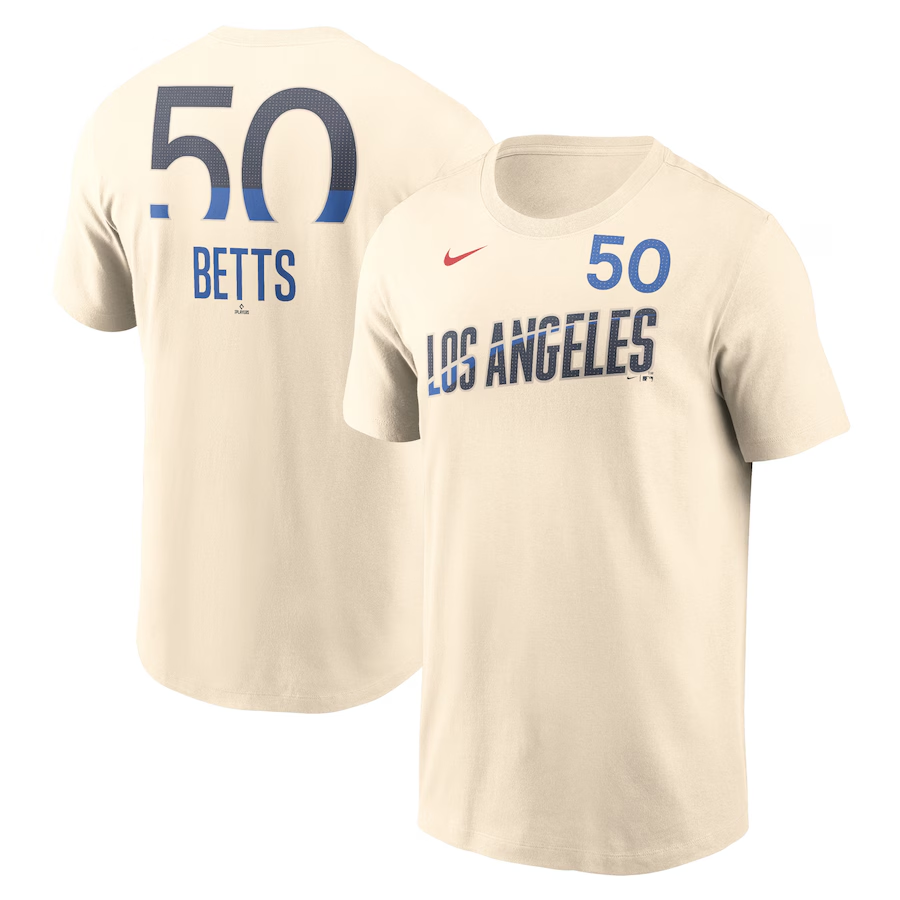 MLB Dodgers 50 Mookie Betts cream t-shirt
