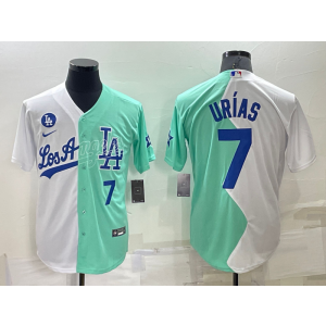 MLB Dodgers 7 Julio Urias White Green Nike Cool Base Split Men Jersey