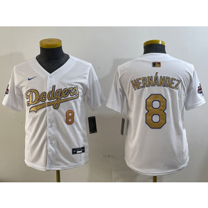 MLB Dodgers 8 Enrique Hernández 2025 White Gold Collection Nike Cool Base Youth Jersey