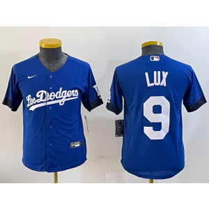 MLB Dodgers 9 Gavin Lux Blue City Nike Cool Base Youth Jersey