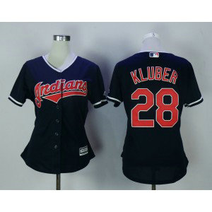 MLB Indians 28 Corey Kluber Navy Blue New Cool Base Women Jersey