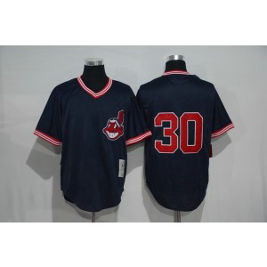 MLB Indians 30 Joe Carter Navy Blue Mitchell and Ness Throwback Men Jersey