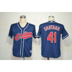 MLB Indians 41 Carlos Santana Blue Mitchell and Ness Throwback Men Jersey