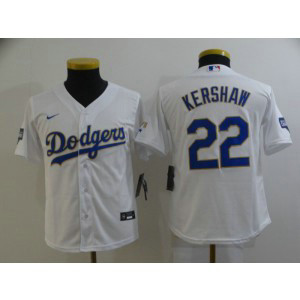 MLB LA Dodgers 22 Clayton Kershaw White Gold Champion Cool Base Youth Jersey