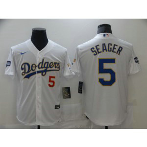 MLB LA Dodgers 5 Corey Seager White Gold Champion Cool Base Men Jersey MLB LA Dodgers 5 Corey Seager White Gold Champion Cool Base Men Jersey