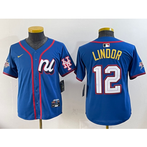 MLB Mets 12 Francisco Lindor Blue National League 2025 All Star Nike Cool Base Youth Jersey