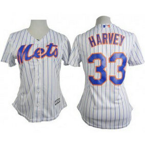 MLB Mets 33 Matt Harvey White with Blue Strip Home Women Jersey