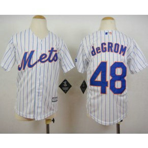 MLB Mets 48 Jacob DeGrom White(Blue Strip) Home Cool Base Youth Jersey