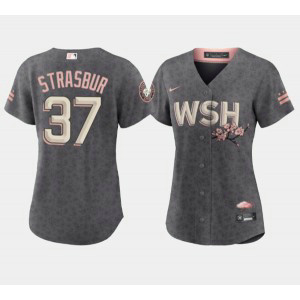 MLB Nationals 37 Stephen Strasburg 2022 Gray City Connect Cherry Blossom Nike Cool Base Women Jersey(Run Small)