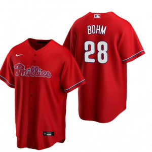 MLB Phillies 28 Alec Bohm Red Nike Cool Base Men Jersey