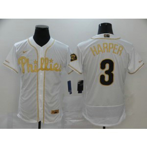 MLB Phillies 3 Bryce Harper White Gold 2020 Nike Flexbase Men Jersey