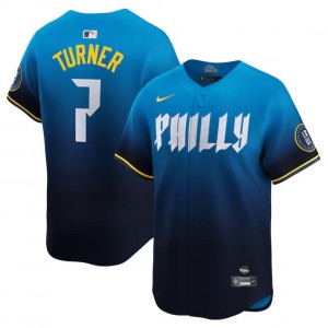 MLB Phillies 7 Trea Turner Blue 2024 City Connect Nike Cool Base Men Jersey MLB Phillies 7 Trea Turner Blue 2024 City Connect Nike Cool Base Men Jersey