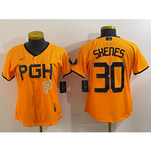 MLB Pirate 30 Paul Skene Yellow City Connect Nike Cool Base Women Jersey