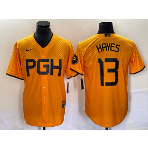 MLB Pirates 13 Ke'Bryan Hayes Gold 2023 City Connect Nike Cool Base Men Jersey MLB Pirates 13 Ke'Bryan Hayes Gold 2023 City Connect Nike Cool Base Men Jersey