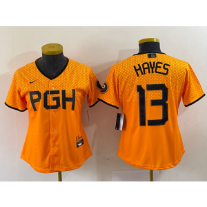 MLB Pirates 13 Ke'Bryan Hayes Gold 2023 City Connect Nike Cool Base Women Jersey