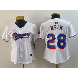 MLB Rangers 28 Heim White Gold Champion Nike Cool Base Women Jersey