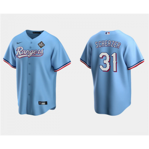 MLB Rangers 31 Max Scherzer Blue 2023 World Series Nike Cool Base Men Jersey