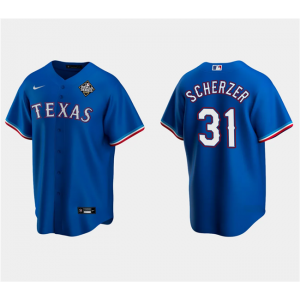 MLB Rangers 31 Max Scherzer Royal 2023 World Series Nike Cool Base Men Jersey