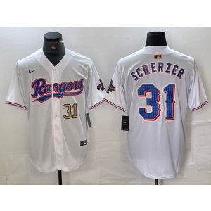 MLB Rangers 31 Max Scherzer White Gold Champion Nike Cool Base Men Jersey MLB Rangers 31 Max Scherzer White Gold Champion Nike Cool Base Men Jersey