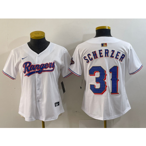MLB Rangers 31 Max Scherzer White Gold Champion Nike Cool Base Women Jersey