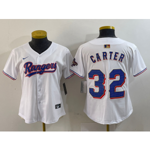 MLB Rangers 32 Evan Carter White Gold Champion Nike Cool Base Women Jersey