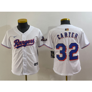 MLB Rangers 32 Evan Carter White Gold Champion Nike Cool Base Youth Jersey