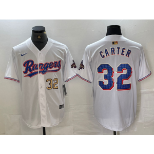 MLB Rangers 32 Evan Carter White Gold Nike Cool Base Men Jersey