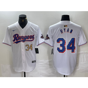 MLB Rangers 34 Nolan Ryan White Gold Champion Nike Cool Base Men Jersey