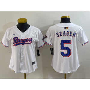 MLB Rangers 5 Seager White Gold Champion Nike Cool Base Women Jersey