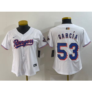 MLB Rangers 53 Adolis White Gold Champion Nike Cool Base Women Jersey