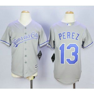 MLB Royals 13 Salvador Perez Grey Cool Base Youth Jersey
