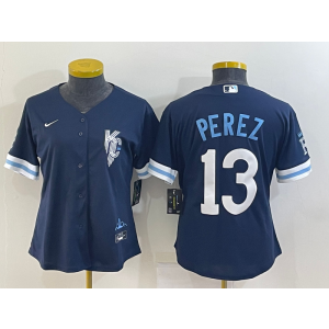 MLB Royals 13 Salvador Perez Navy 2021 City Connect Cool Base Women Jersey