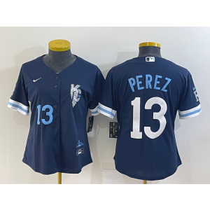 MLB Royals 13 Salvador Perez Navy 2021 City Connect Cool Base Youth Jersey