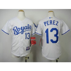 MLB Royals 13 Salvador Perez White Cool Base Youth Jerseys