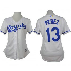 MLB Royals 13 Salvador Perez White Home Women Jersey