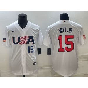 MLB Royals USA Baseball 15 Bobby Witt JR. White Blue 2023 World Baseball Classic Men Jersey 1 MLB Royals USA Baseball 15 Bobby Witt JR. White Blue 2023 World Baseball Classic Men Jersey 1
