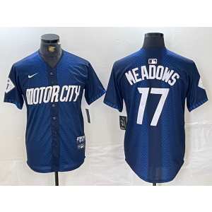 MLB Tigers 17 Meadows Blue 2024 City Connect Nike Cool Base Men Jersey MLB Tigers 17 Meadows Blue 2024 City Connect Nike Cool Base Men Jersey