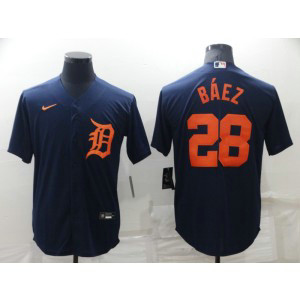 MLB Tigers 28 Baez Blue Nike Cool Base Men Jersey