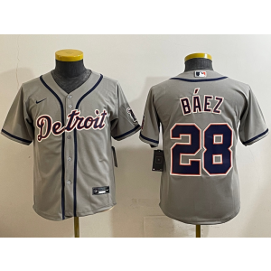 MLB Tigers 28 Baez Grey Nike Cool Base Youth Jersey
