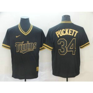 MLB Twins 34 Kirby Puckett Black Gold Nike Cooperstown Legend V Neck Men Jersey
