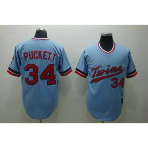 MLB Twins 34 Kirby Puckett Light Blue Mitchell and Ness Throwback Men Jersey