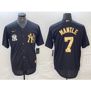 MLB Yankees 7 Mickey Mantle Black Gold Nike Cool Base Men Jersey